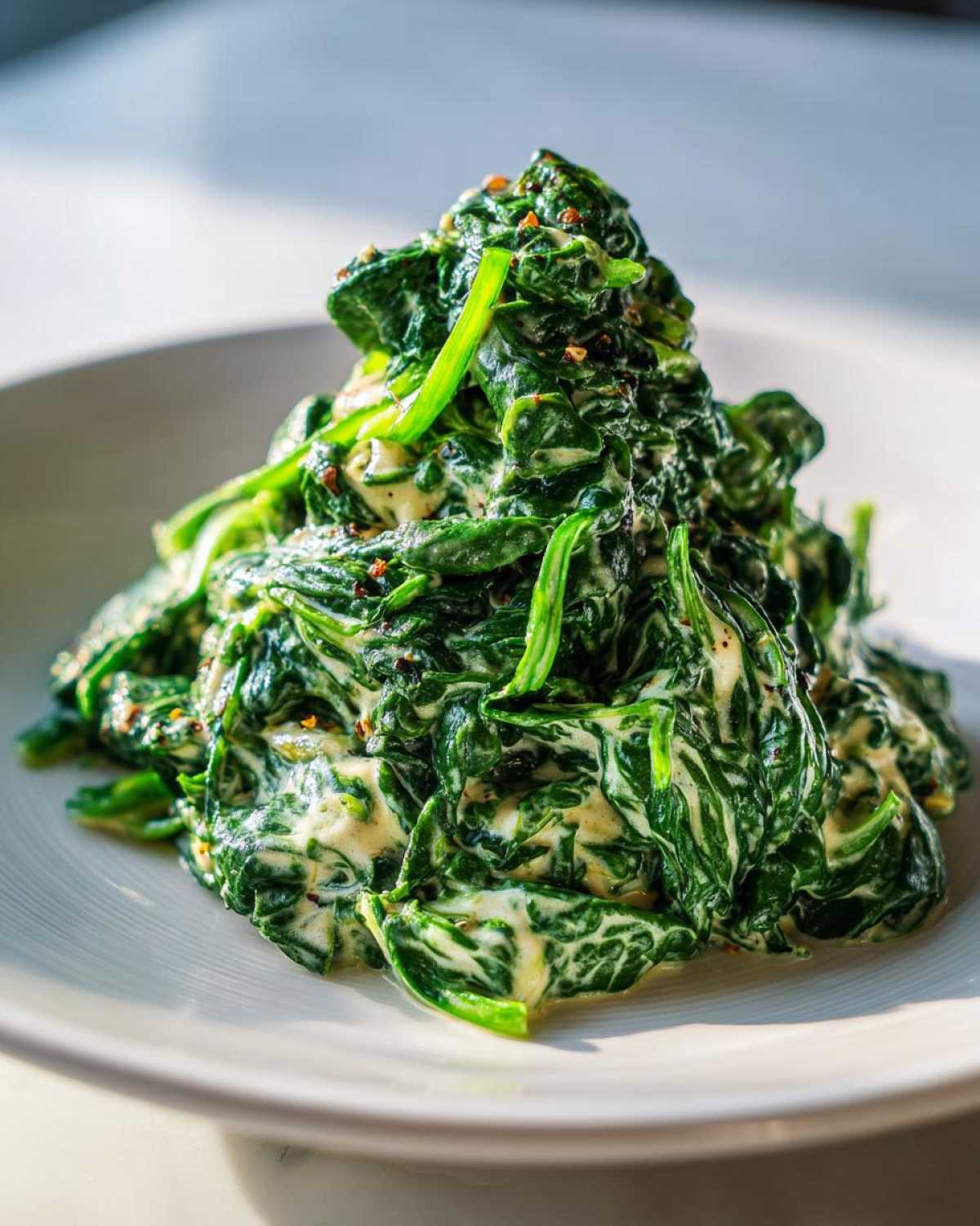 A mound of vibrant green creamed spinach, lightly seasoned, served on a white plate.