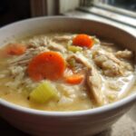 Close-up of a hearty bowl of creamy chicken and rice soup with visible shredded chicken, rice, carrots, and celery.
