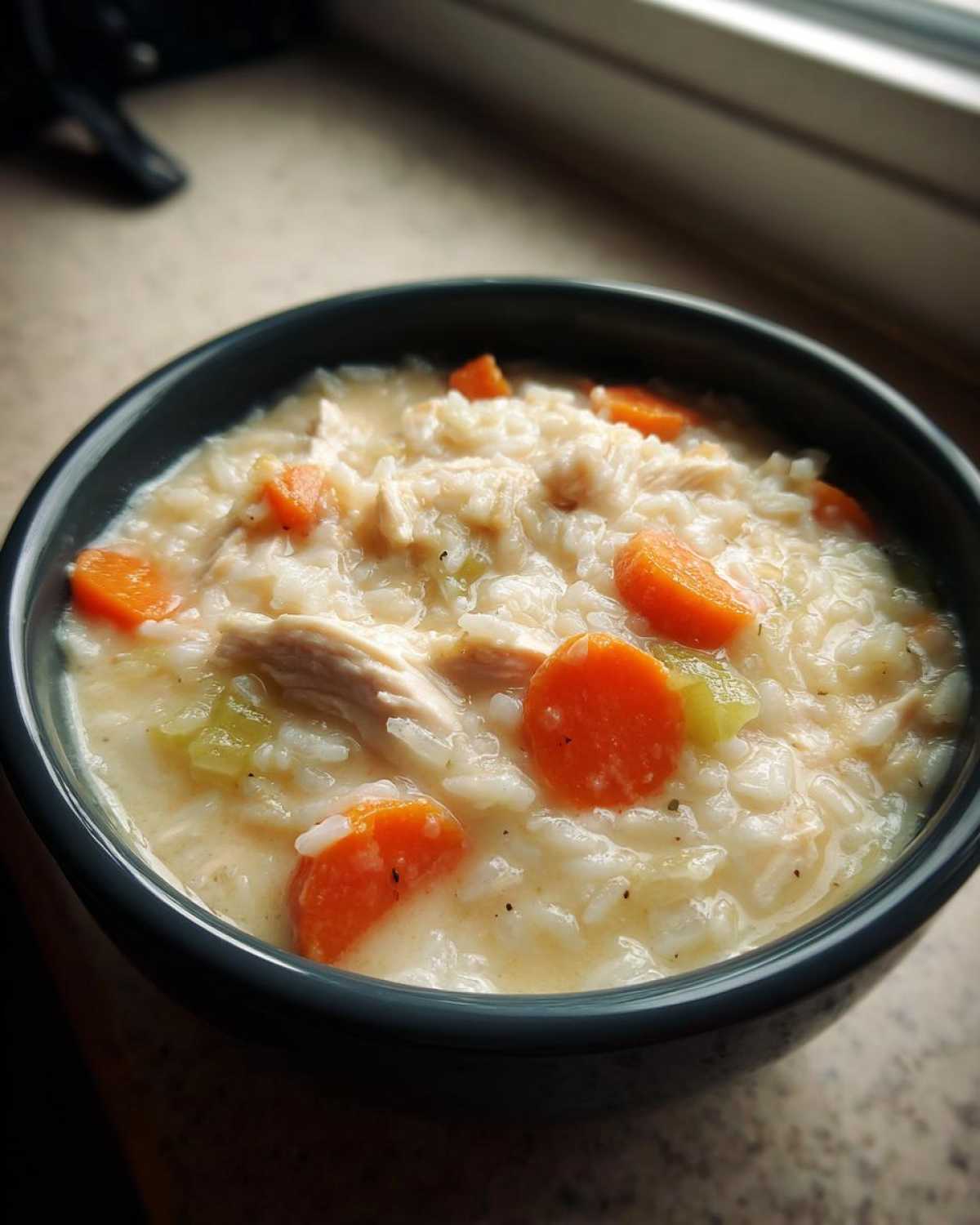 Close-up of creamy chicken and rice soup with visible chunks of shredded chicken, bright orange carrots, and celery.