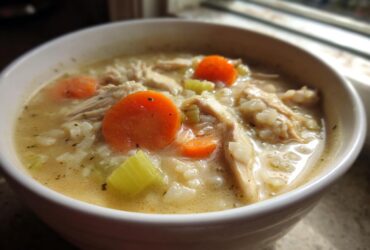 Close-up of a hearty bowl of creamy chicken and rice soup with visible shredded chicken, rice, carrots, and celery.