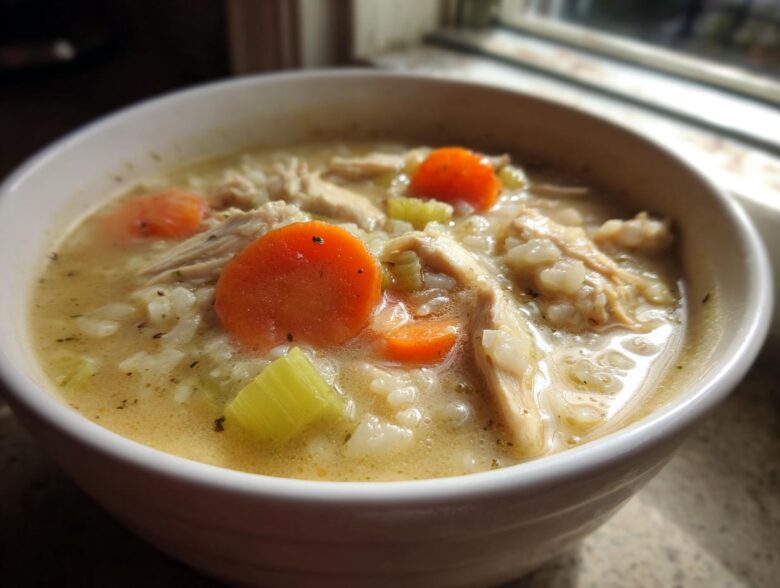 Close-up of a hearty bowl of creamy chicken and rice soup with visible shredded chicken, rice, carrots, and celery.