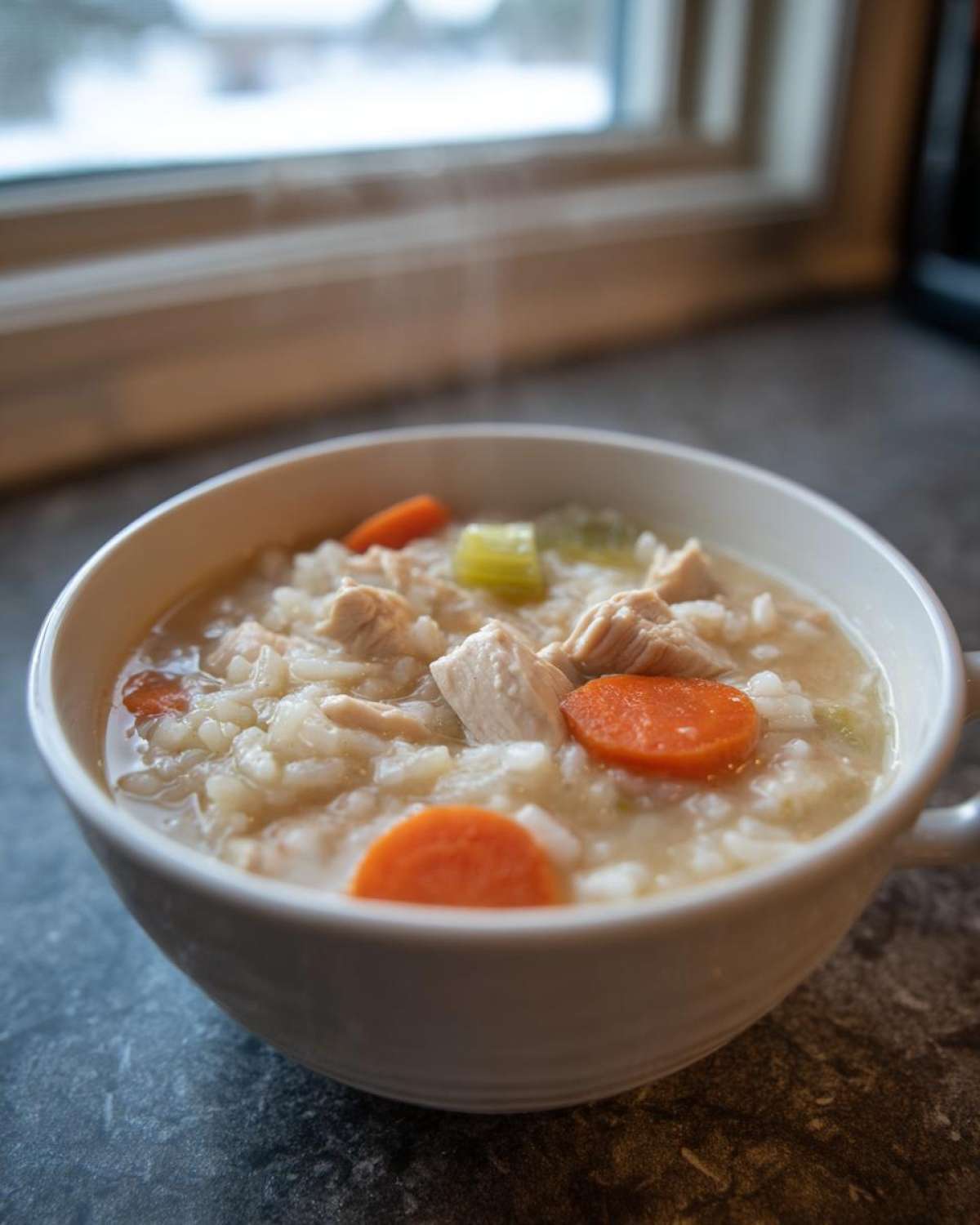 A close-up of a steaming white bowl filled with creamy chicken and rice soup, featuring chunks of chicken, rice, carrots, and celery.