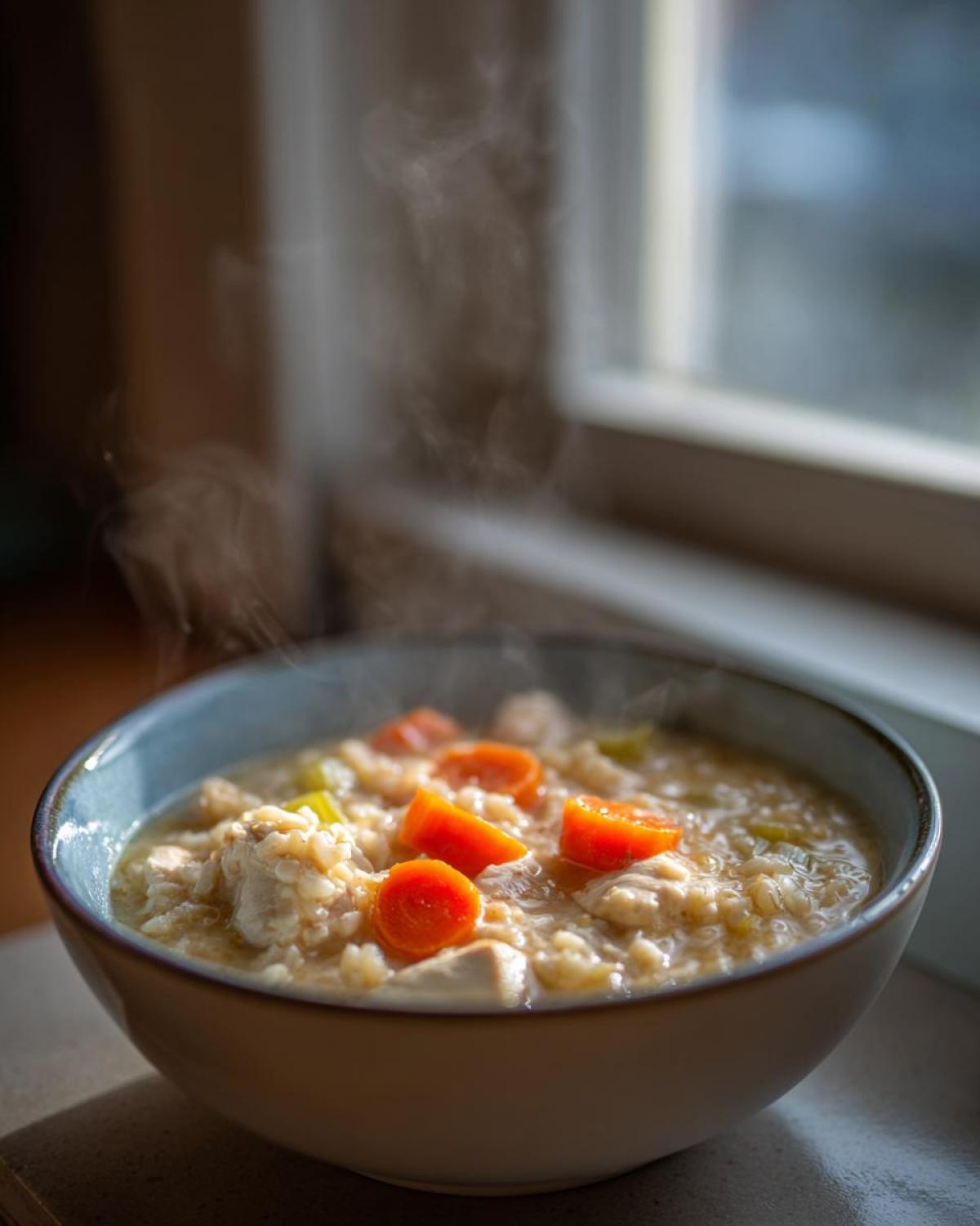 A close-up of a steaming bowl of creamy chicken and rice soup with visible chunks of chicken, rice, and bright orange carrots.