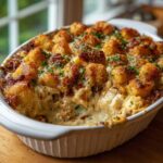 Close-up of a baked Creamy Chicken Tater Tot Casserole with golden brown tots and creamy filling.