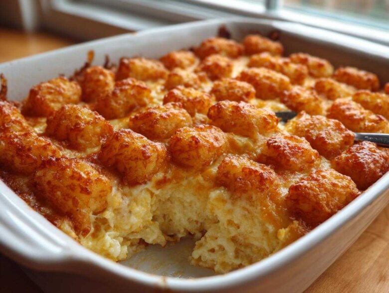 A close-up of a bubbling, golden-brown Creamy Chicken Tater Tot Casserole in a white baking dish.