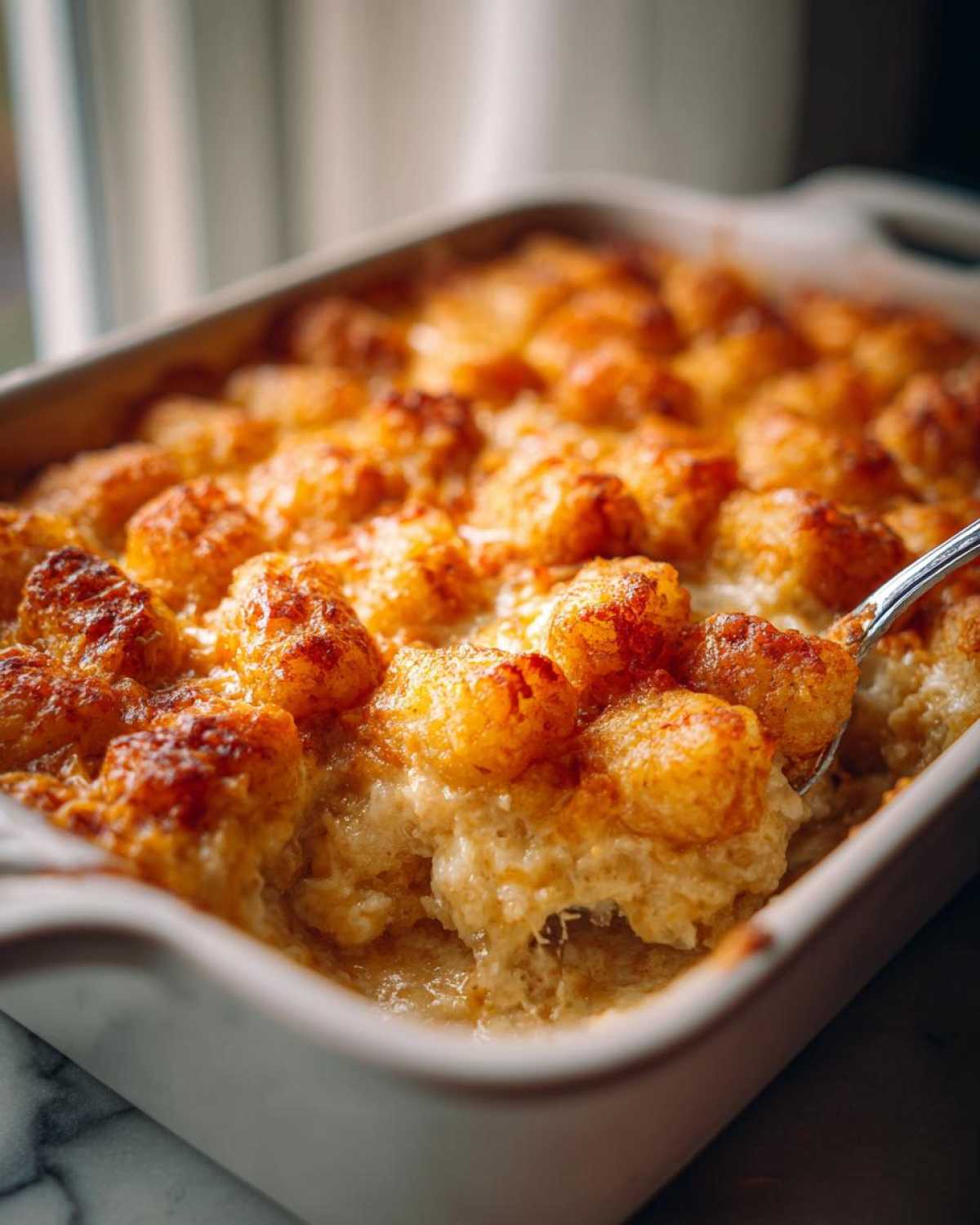 A spoonful being lifted from a baked Creamy Chicken Tater Tot Casserole, showing golden tater tots and creamy filling.
