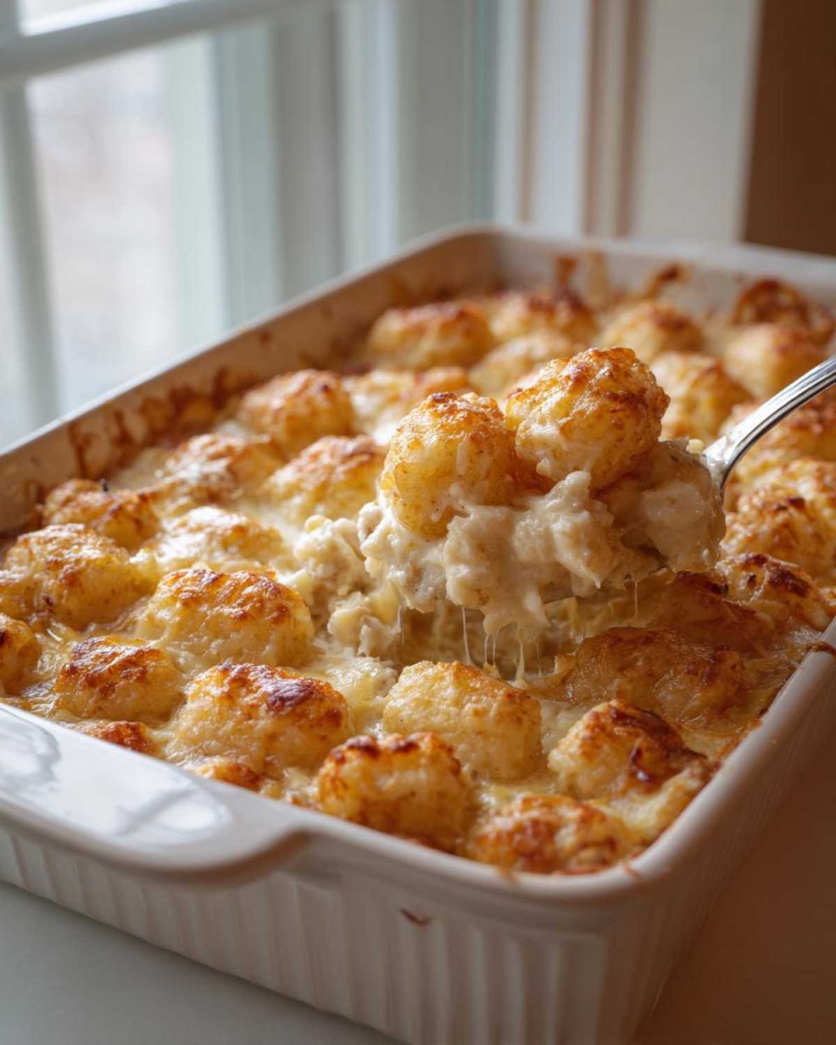 A spoonful of cheesy, creamy chicken tater tot casserole being lifted from a white baking dish.