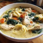 A close-up of a white bowl filled with creamy chicken tortellini soup, featuring chunks of chicken, spinach, and carrots.