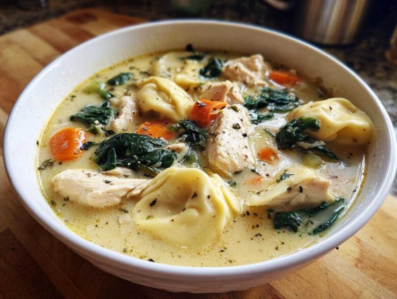 A close-up of a white bowl filled with creamy chicken tortellini soup, featuring chunks of chicken, spinach, and carrots.