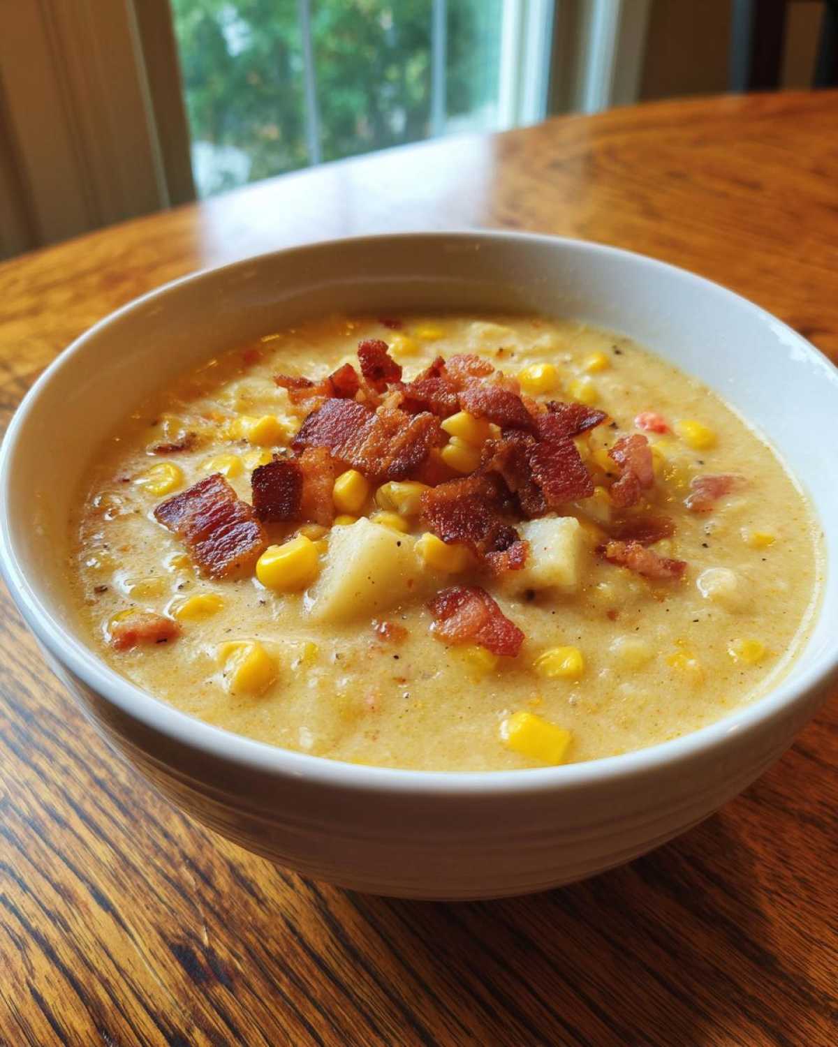 A close-up of a creamy bowl of corn chowder, loaded with corn kernels, potatoes, and topped generously with crispy bacon bits.
