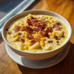 A close-up of a bowl of creamy corn chowder loaded with corn kernels, potatoes, and topped generously with crumbled bacon.