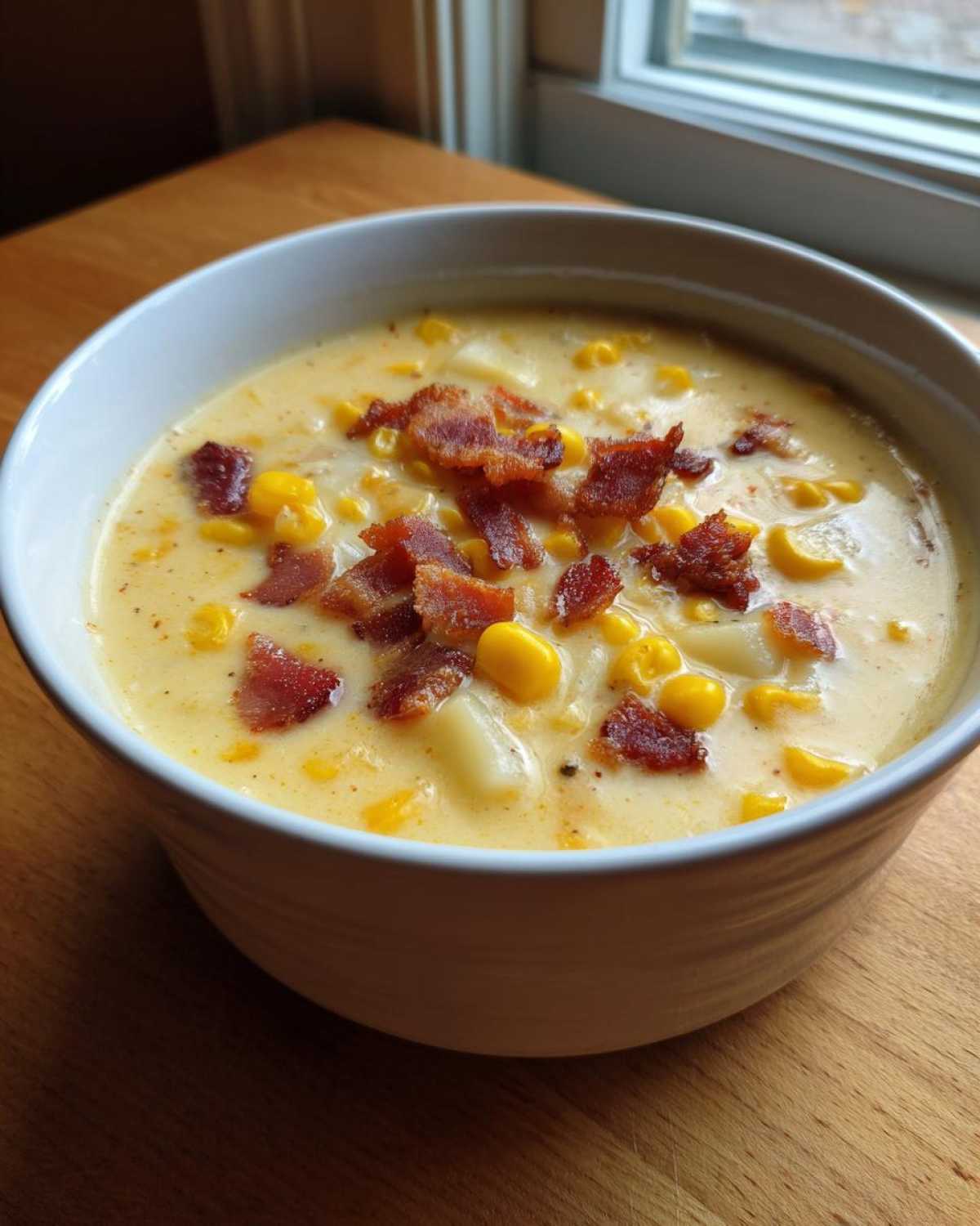 A close-up of a creamy bowl of corn chowder, featuring visible corn kernels and topped generously with crumbled bacon.
