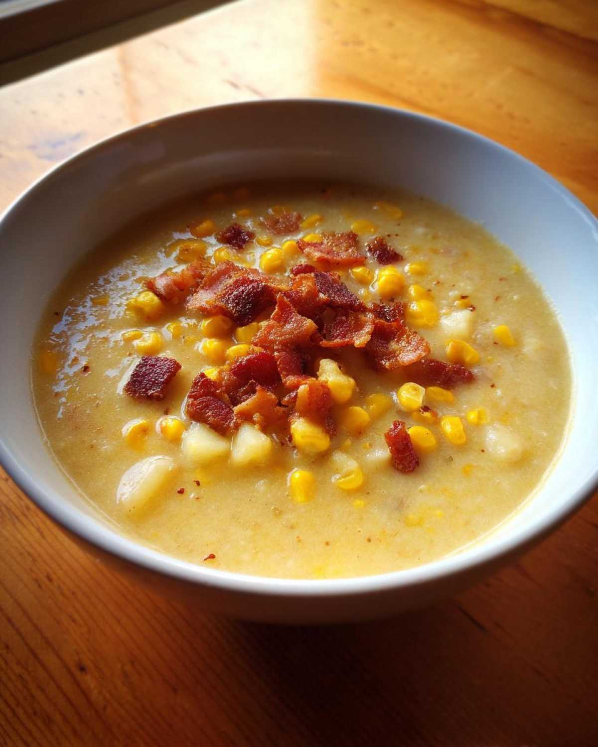 A close-up view of a creamy bowl of corn chowder topped generously with crumbled bacon.