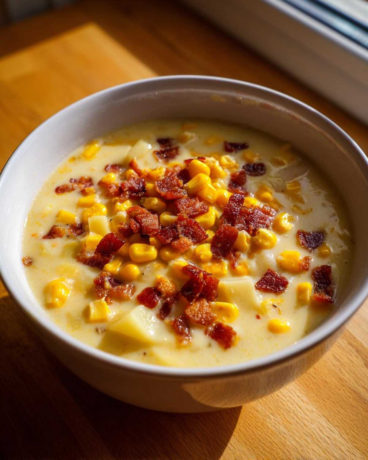 A close-up of creamy corn chowder loaded with corn kernels, potato chunks, and topped generously with crispy bacon bits.