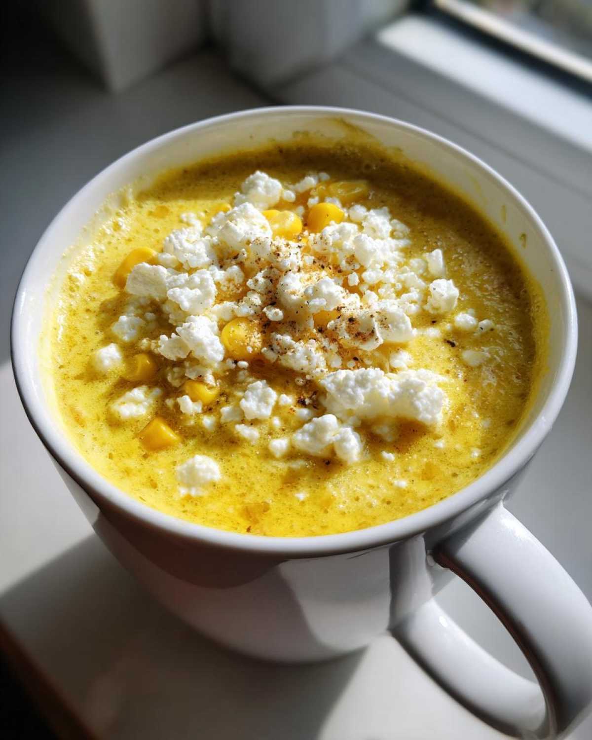 Close-up of a vibrant yellow, creamy corn soup served in a white mug, topped generously with crumbled white cheese and pepper.