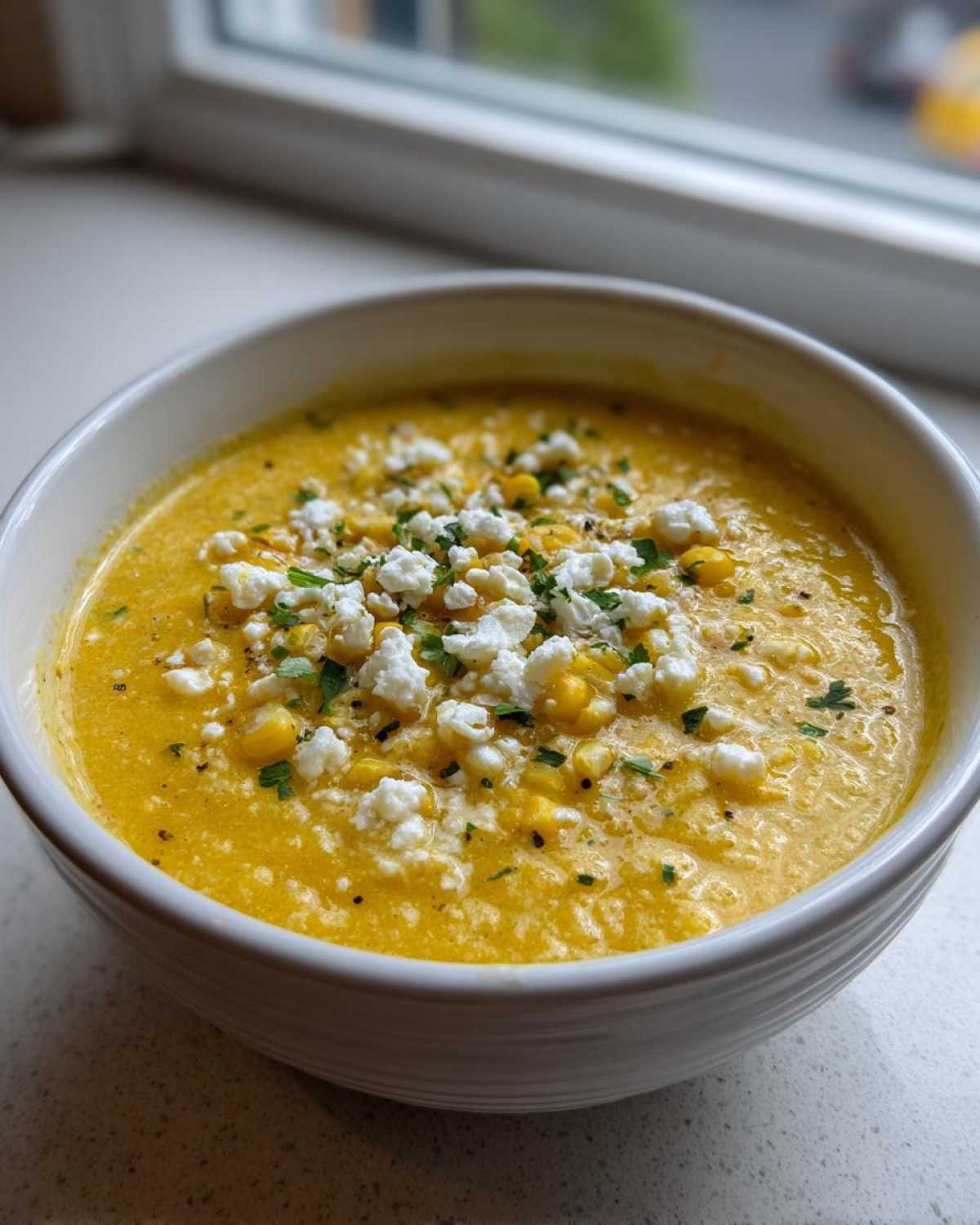A close-up of a bowl of creamy corn soup, topped generously with crumbled white cheese and fresh parsley.
