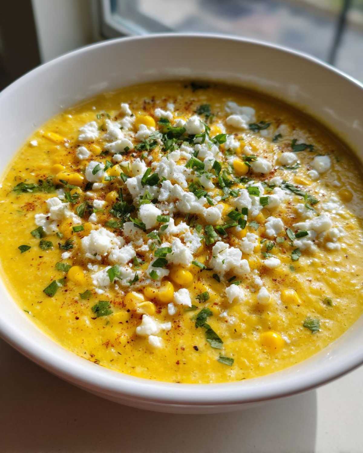Close-up of a bowl of vibrant yellow creamy corn soup topped with crumbled white feta cheese, chopped green herbs, and paprika.
