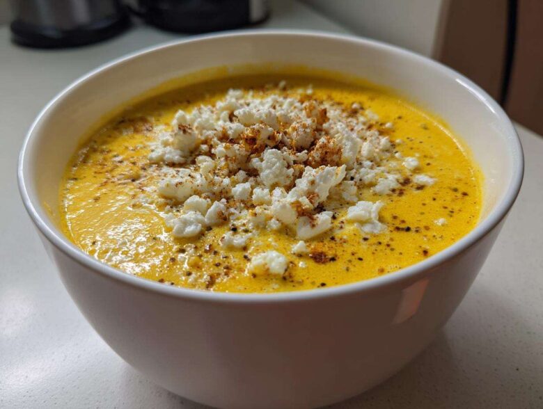 Close-up of a bowl of vibrant yellow, creamy corn soup topped generously with white crumbled cheese and spices.