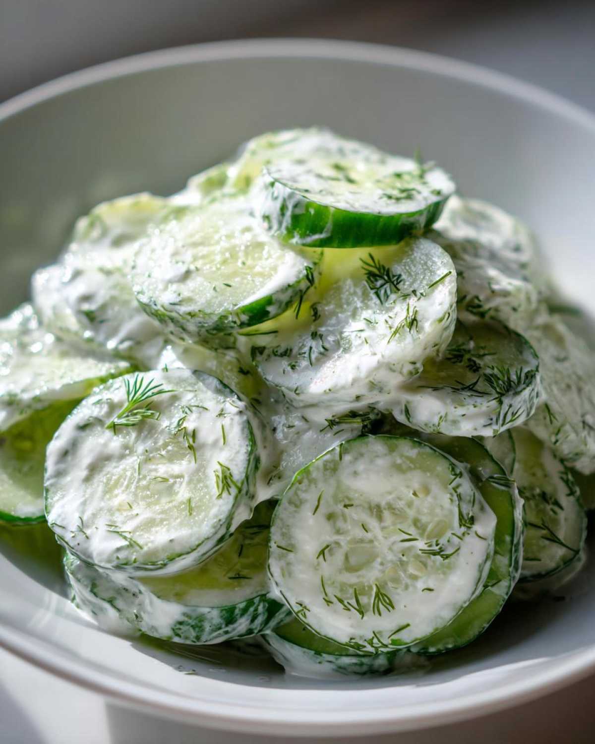 Close-up of sliced cucumbers coated in a white, creamy dressing and fresh dill, showcasing the refreshing Creamy Cucumber Salad.