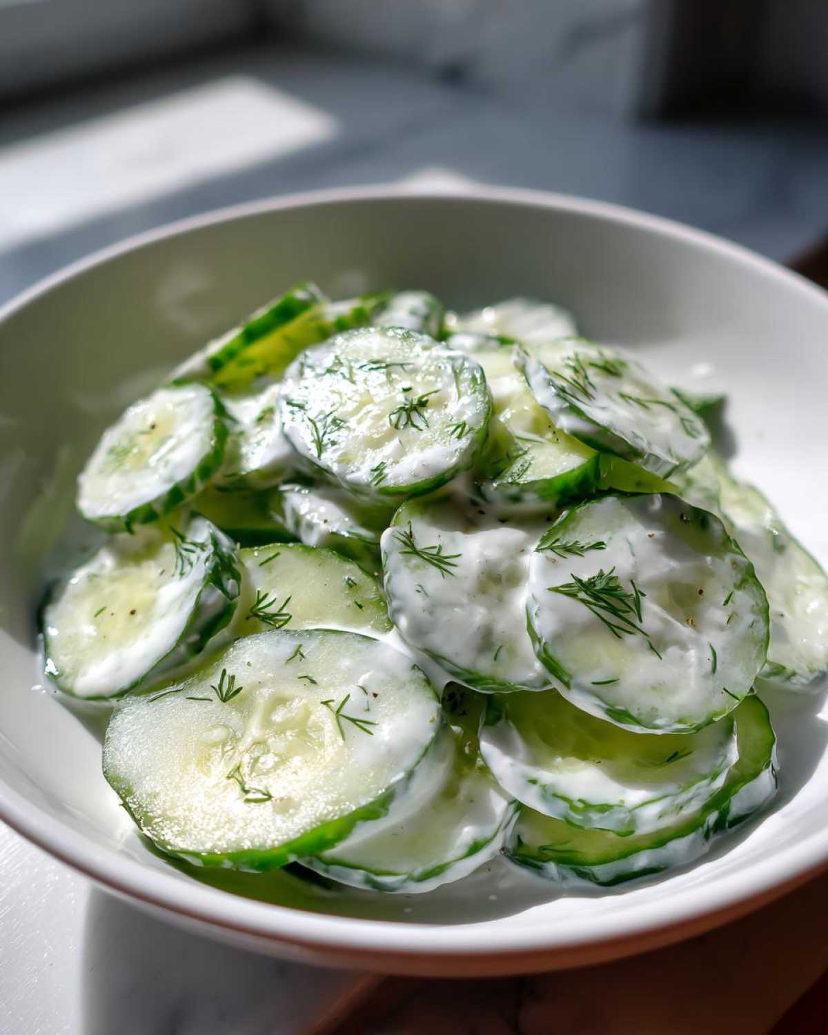 A white bowl filled with thinly sliced cucumbers coated in a creamy dressing and topped with fresh dill, showcasing the Creamy Cucumber Salad.