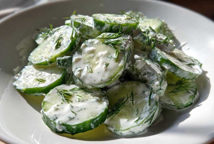 A close-up of sliced cucumbers coated in a white, creamy dressing and fresh dill, showcasing the refreshing Creamy Cucumber Salad.