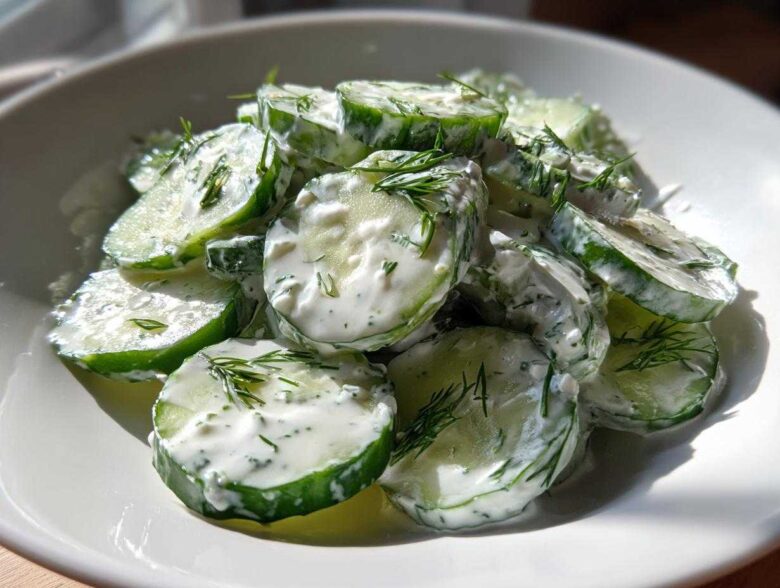 A close-up of sliced cucumbers coated in a white, creamy dressing and fresh dill, showcasing the refreshing Creamy Cucumber Salad.