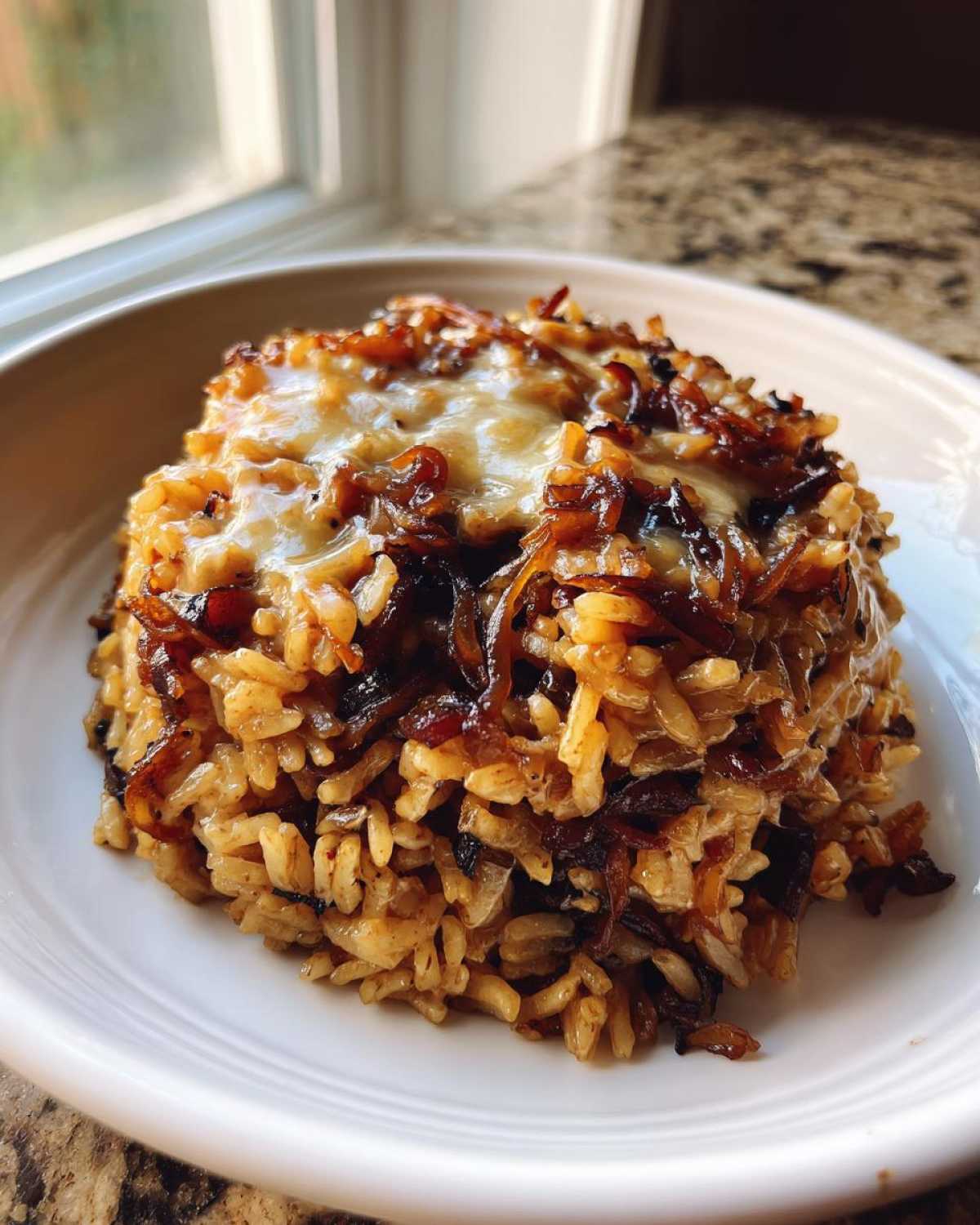 A molded serving of Creamy French Onion Butter Rice topped with melted cheese and caramelized onions.