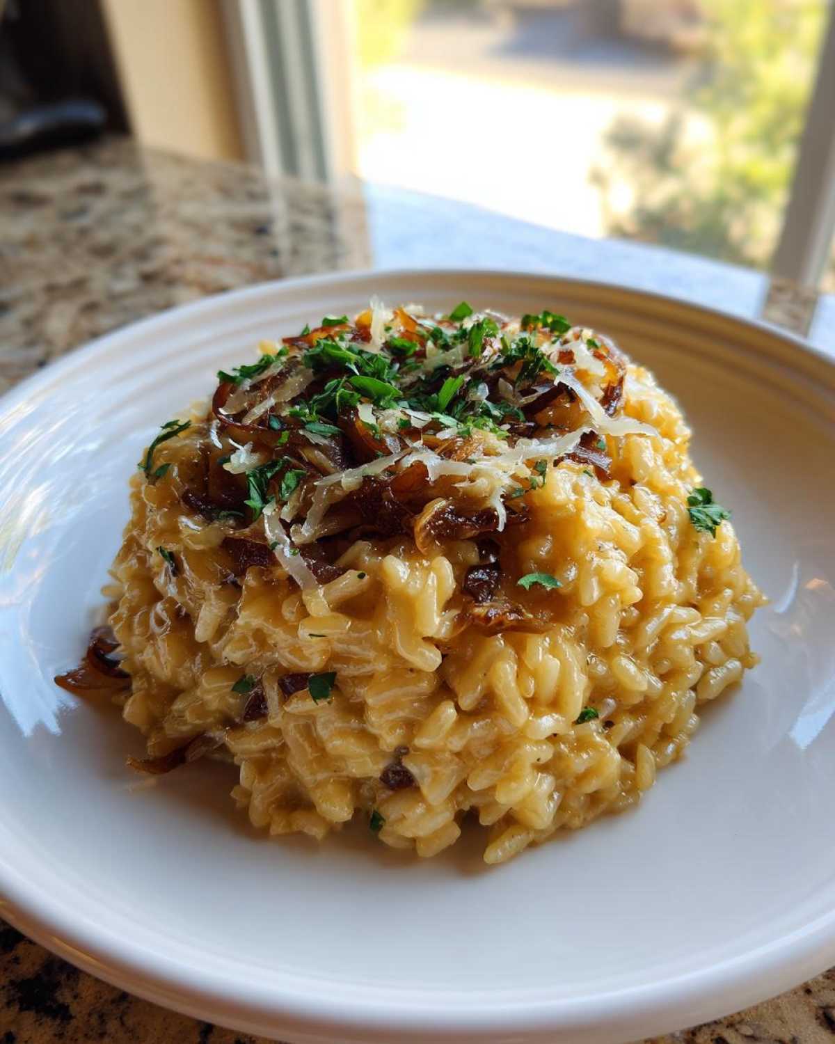 A close-up of a serving of rich, creamy French Onion Butter Rice topped with caramelized onions and shredded cheese.