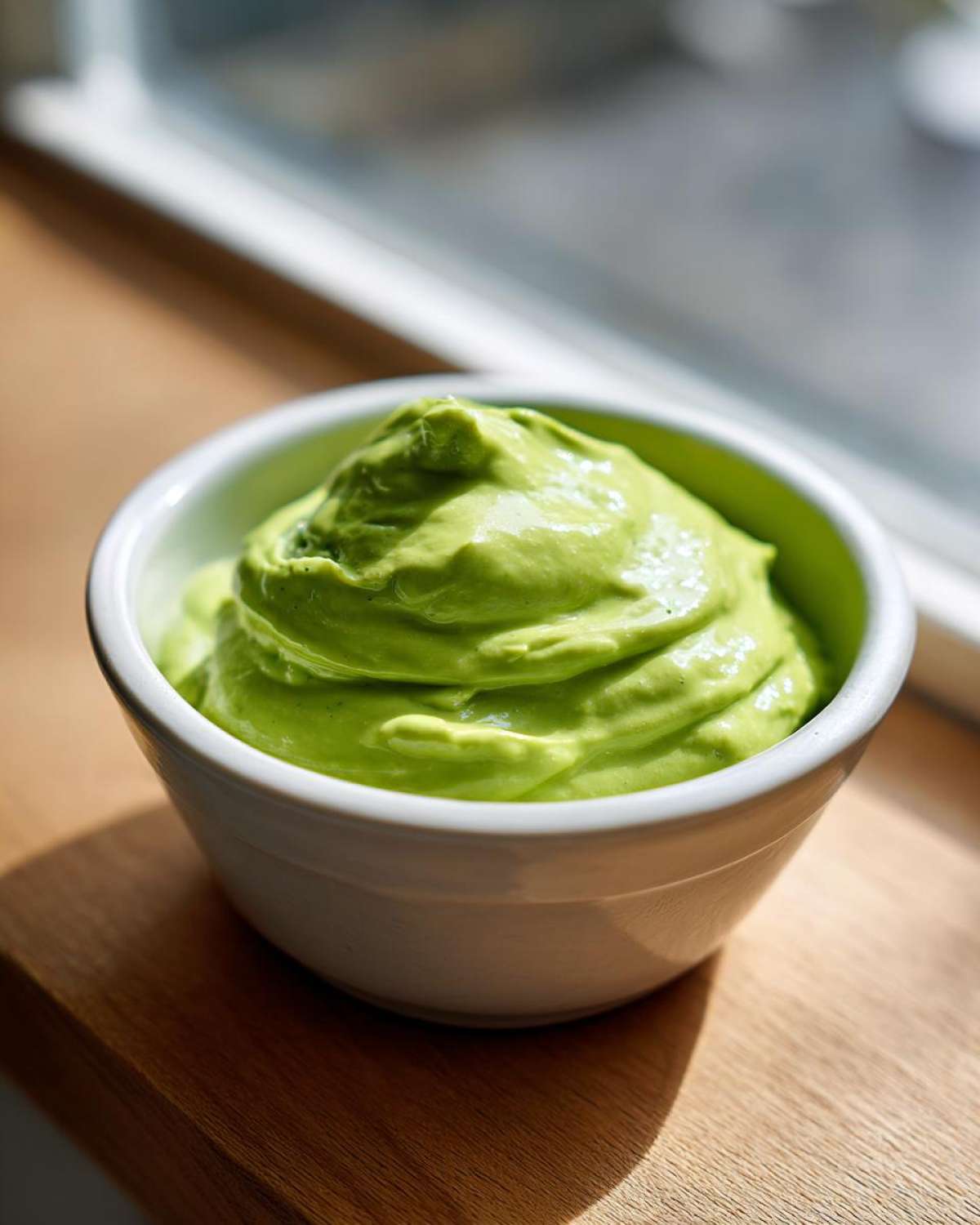 A small white bowl filled with thick, vibrant Green Goddess Salad Dressing sitting on a wooden surface near a window.