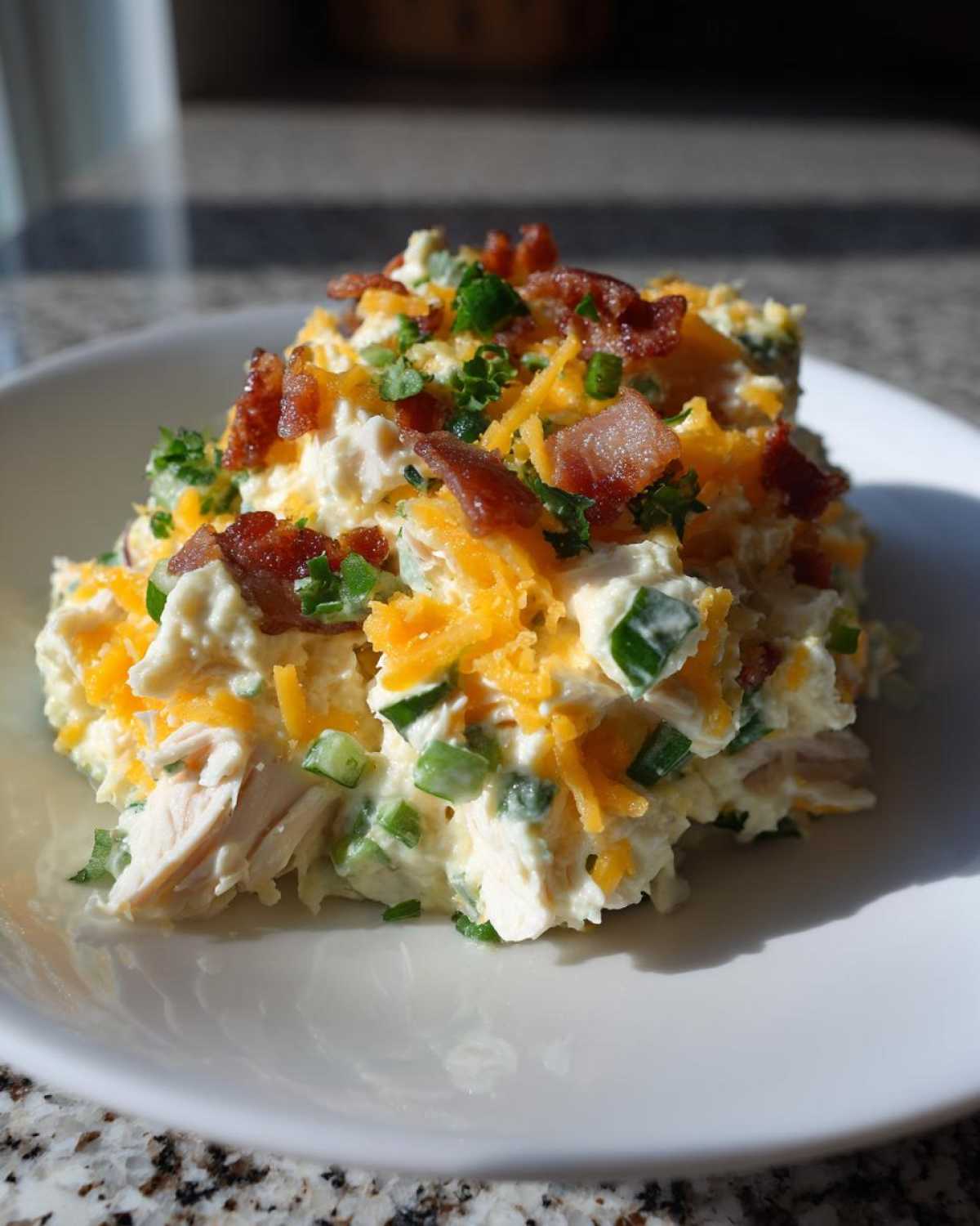 A scoop of creamy jalapeno popper chicken salad topped with shredded cheddar cheese, bacon bits, and green onions.