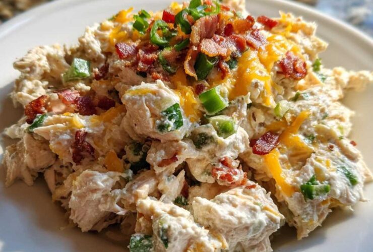 A close-up of creamy jalapeno popper chicken salad topped with shredded cheddar, bacon bits, and green onions.