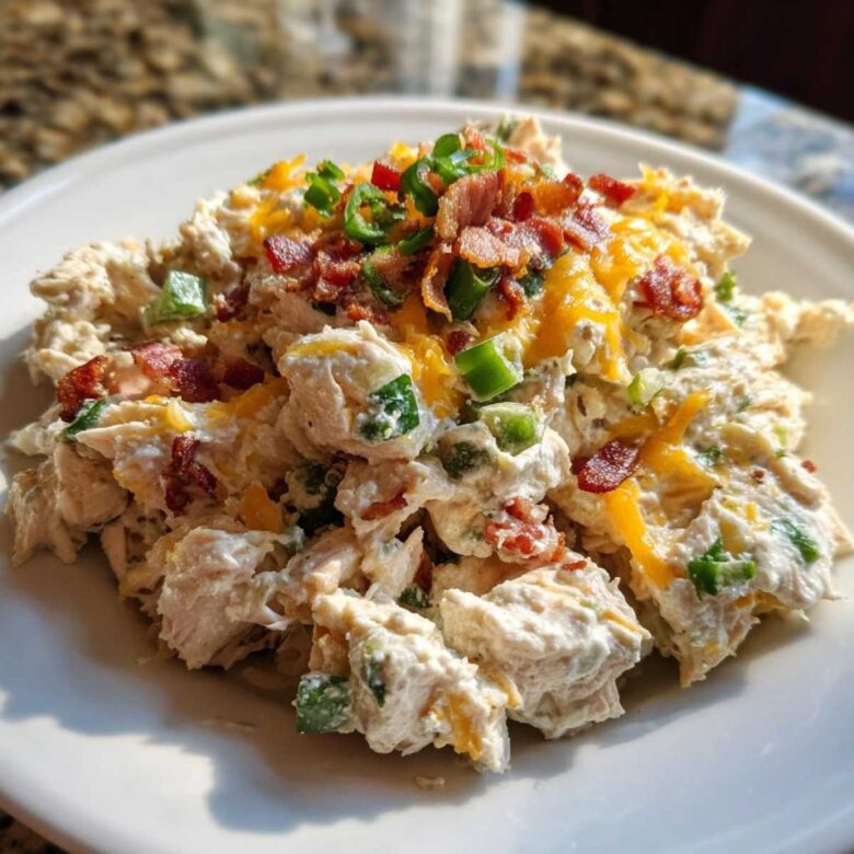 A close-up of creamy jalapeno popper chicken salad topped with shredded cheddar, bacon bits, and green onions.