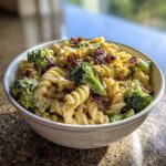 A white bowl filled with Creamy Pasta Salad with Bacon and Broccoli, featuring rotini pasta, green florets, and crispy bacon bits.