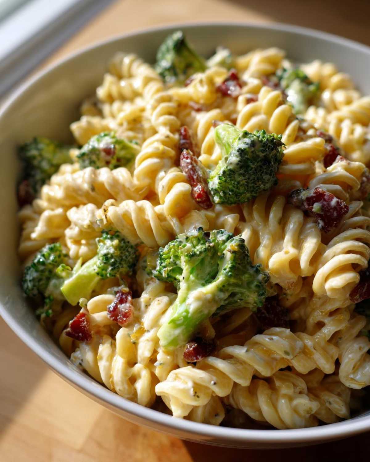 A close-up view of Creamy Pasta Salad with Bacon and Broccoli featuring fusilli pasta coated in a rich sauce, mixed with bright green broccoli florets and crispy bacon pieces.