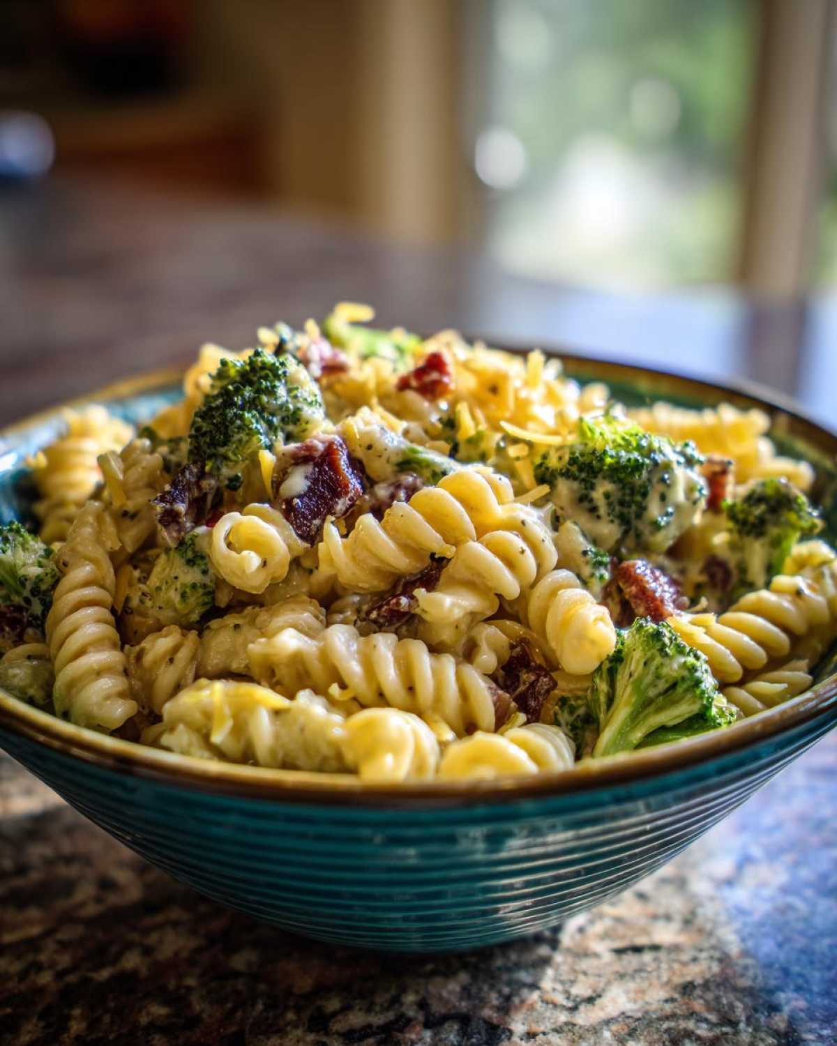 Close-up of Creamy Pasta Salad with Bacon and Broccoli featuring rotini pasta, florets, and bacon pieces in a blue bowl.