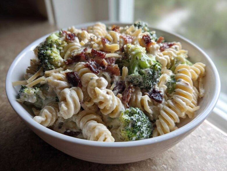 A close-up of a white bowl filled with Creamy Pasta Salad with Bacon and Broccoli, featuring rotini pasta and a rich white dressing.