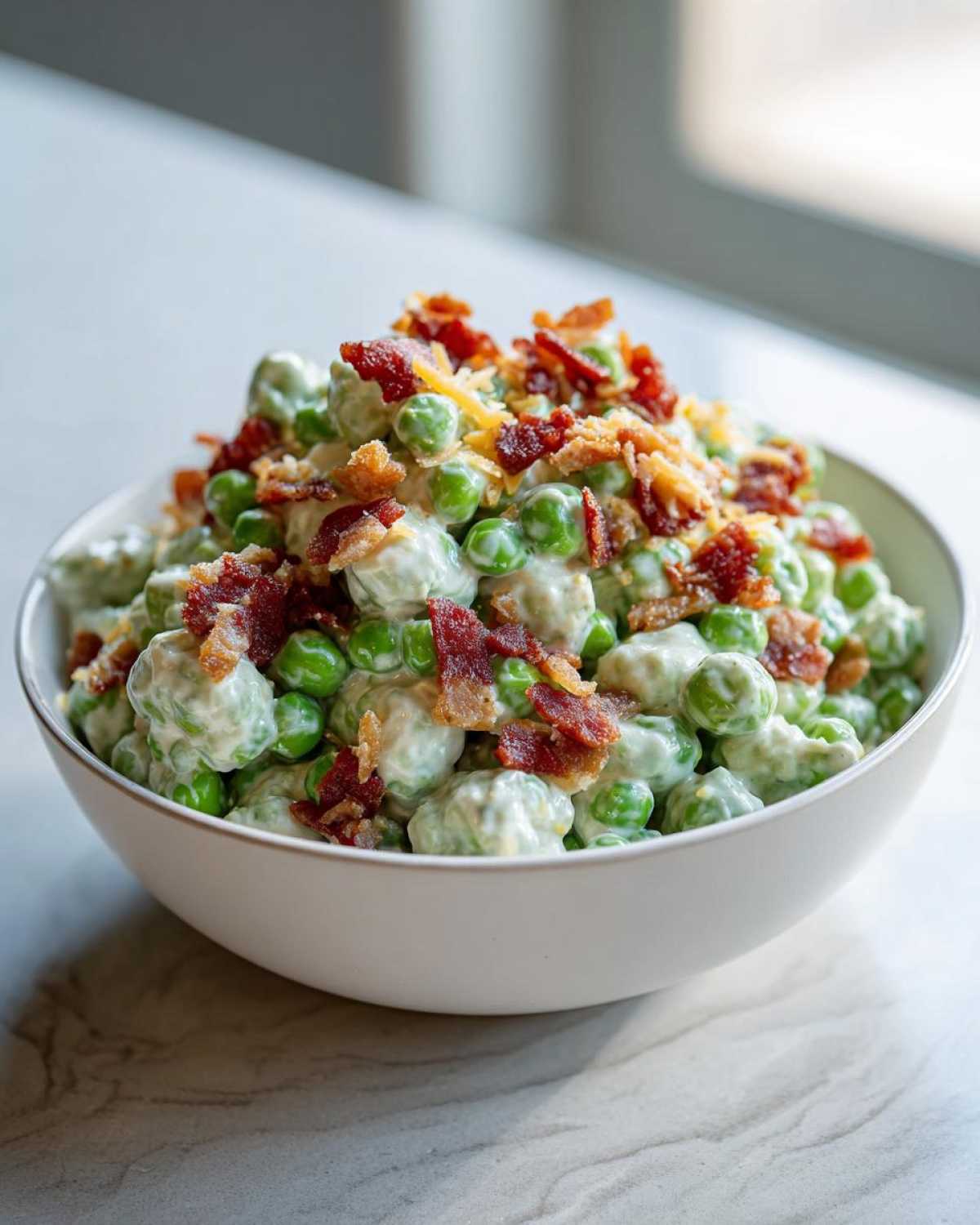 A white bowl filled with vibrant green peas coated in a creamy dressing, topped generously with crumbled bacon pieces for the Creamy Pea Salad.