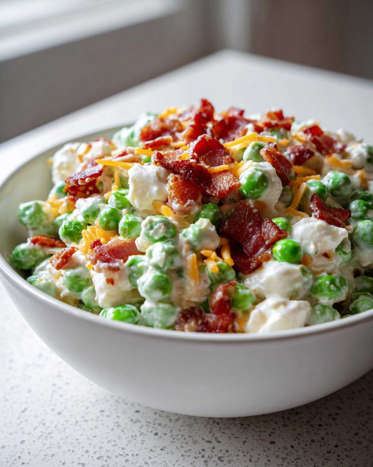 A close-up of a white bowl filled with Creamy Pea Salad mixed with a white dressing, topped generously with crumbled bacon and shredded cheddar cheese.