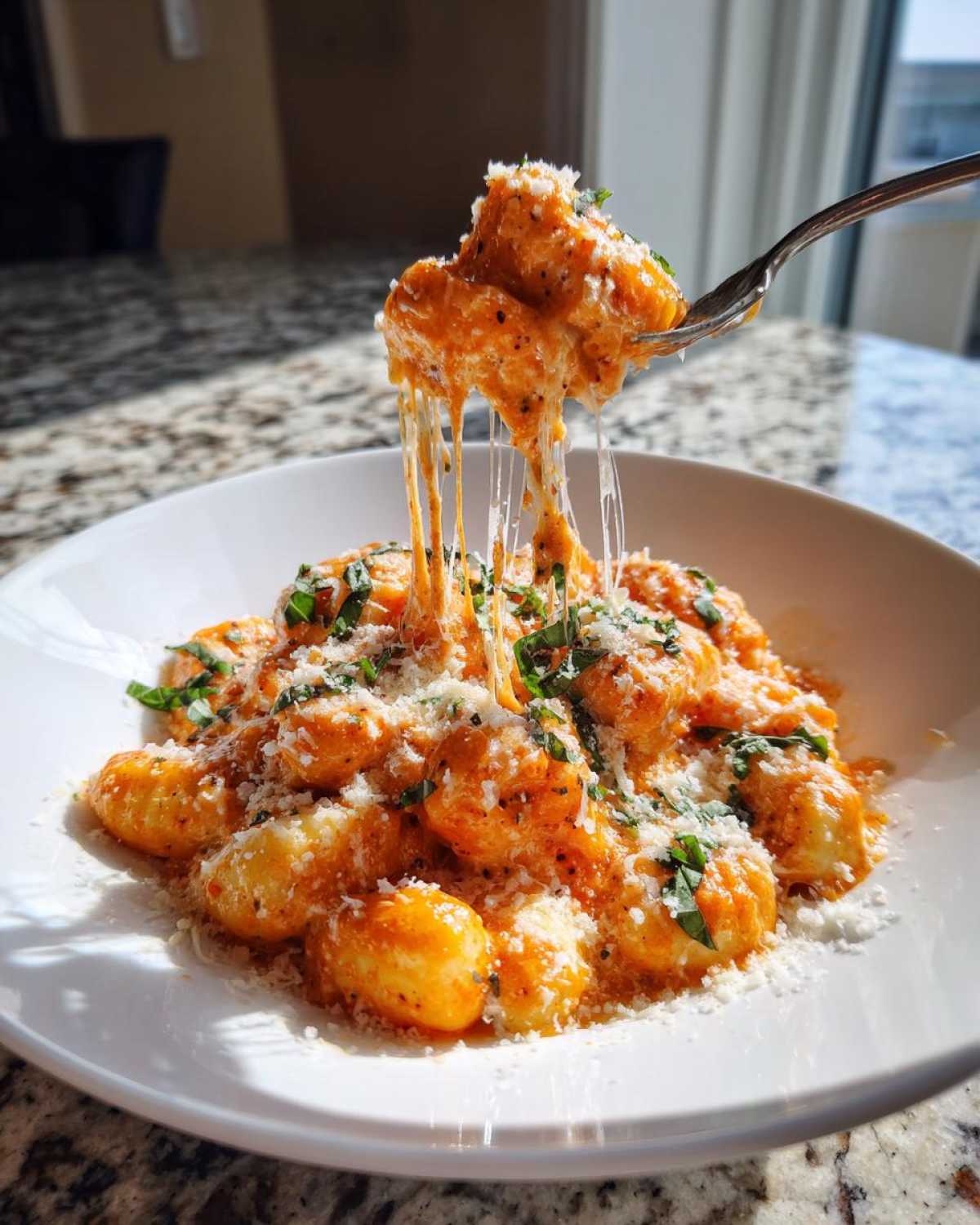 A fork lifts a portion of Creamy Roasted Garlic Tomato Gnocchi Bake, showing long, irresistible cheese pulls.