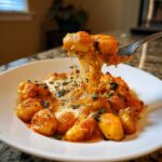 A fork lifts gnocchi covered in tomato sauce and melted cheese, showing a dramatic cheese pull from the Creamy Roasted Garlic Tomato Gnocchi Bake.