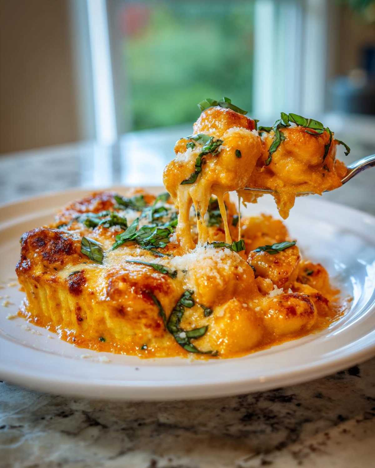 A spoonful of Creamy Roasted Garlic Tomato Gnocchi Bake showing a dramatic cheese pull, topped with basil.