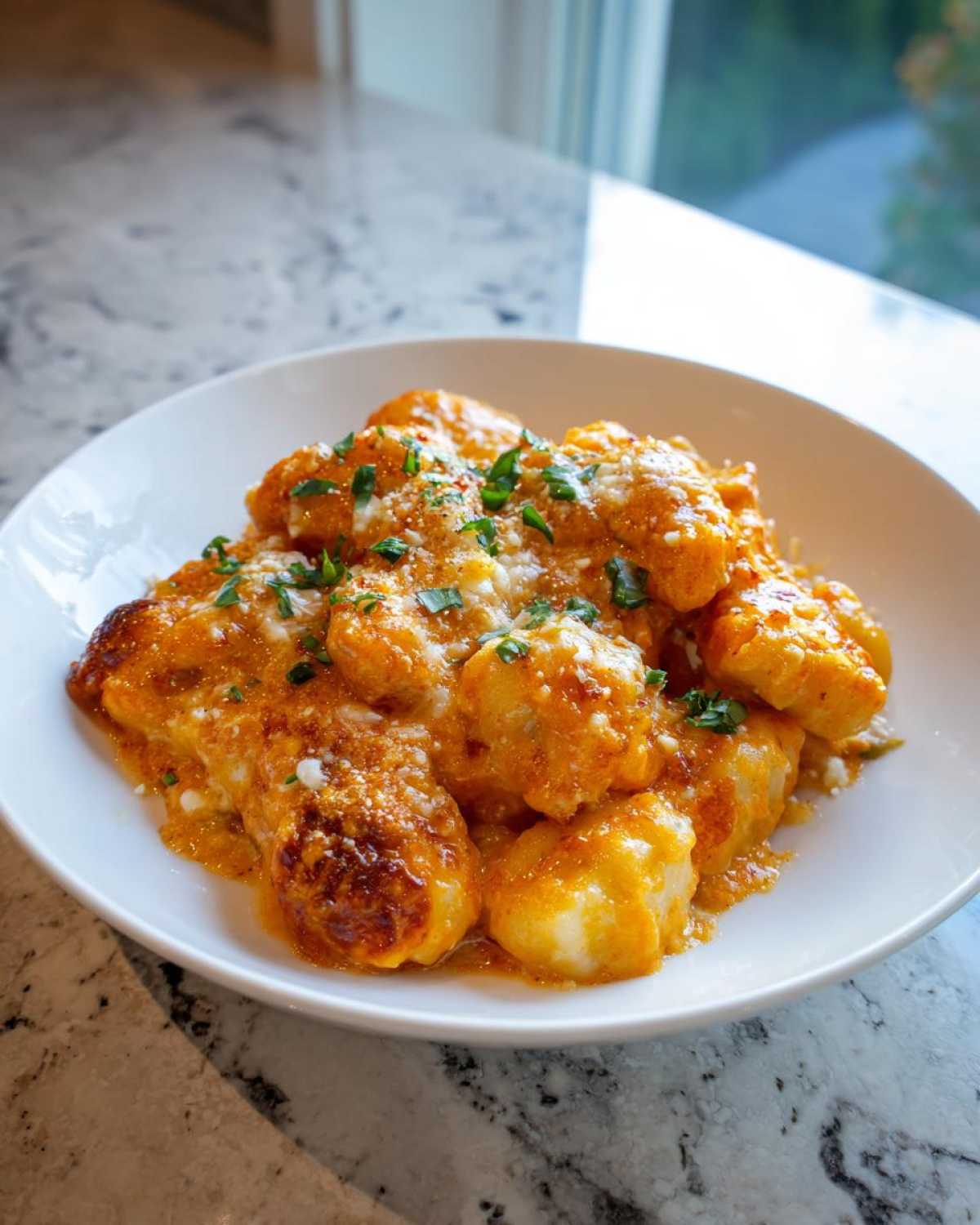 A close-up of a serving of Creamy Roasted Garlic Tomato Gnocchi Bake topped with melted cheese and fresh parsley.