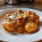 A close-up of a serving of Creamy Roasted Garlic Tomato Gnocchi Bake topped with melted cheese and fresh herbs.