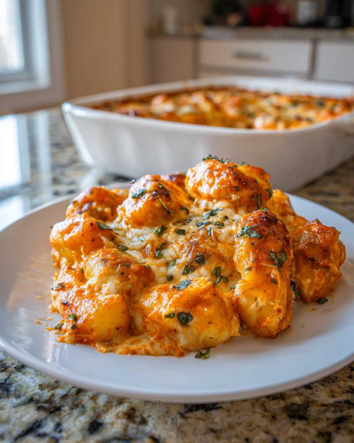 A close-up of a serving of Creamy Roasted Garlic Tomato Gnocchi Bake topped with melted cheese and herbs.