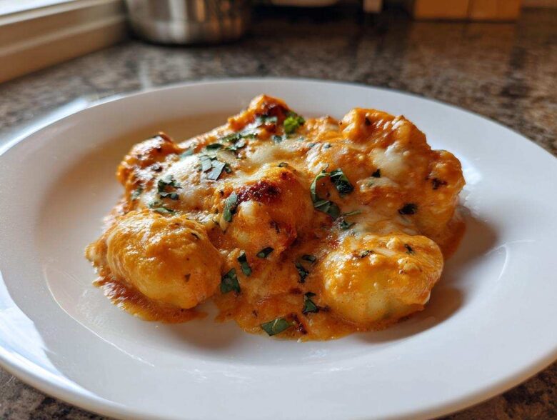 A close-up of a serving of Creamy Roasted Garlic Tomato Gnocchi Bake topped with melted cheese and fresh herbs.