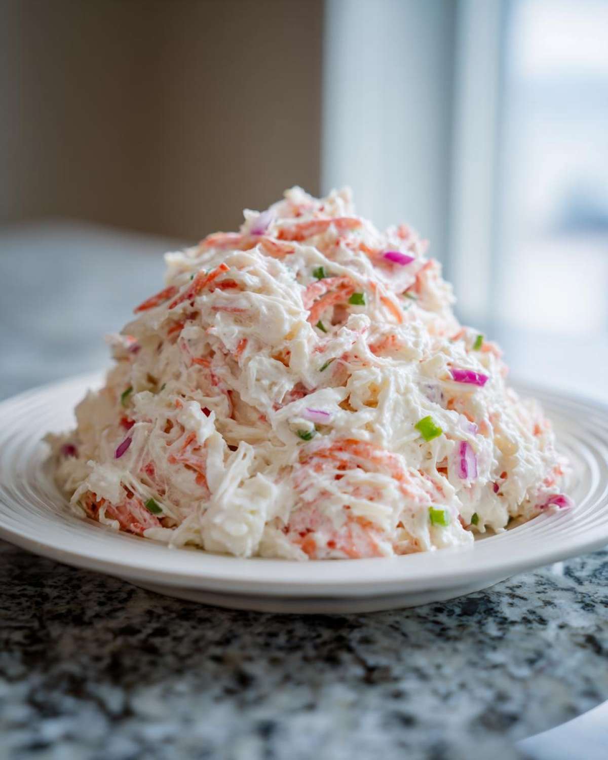 A generous mound of Creamy Seafood Salad with Imitation Crab, mixed with dressing, red onion, and green herbs, served on a white plate.