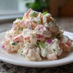 A mound of fresh Creamy Seafood Salad with Imitation Crab mixed with colorful vegetables on a white plate.