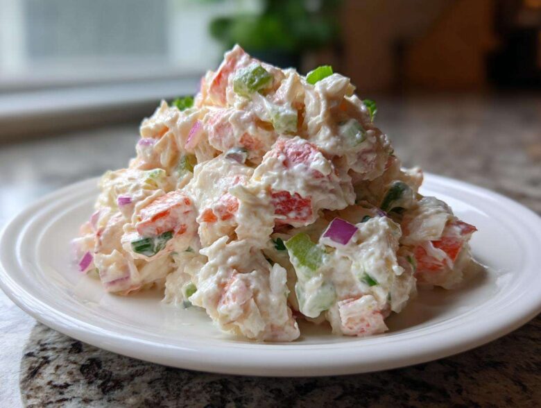 A mound of fresh Creamy Seafood Salad with Imitation Crab mixed with colorful vegetables on a white plate.
