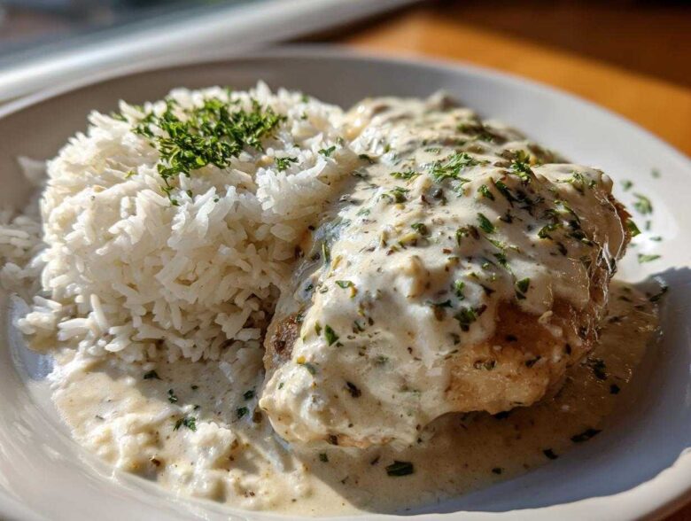 A close-up of a serving of Creamy Smothered Chicken and Rice, featuring a piece of chicken covered in rich white sauce next to fluffy white rice.
