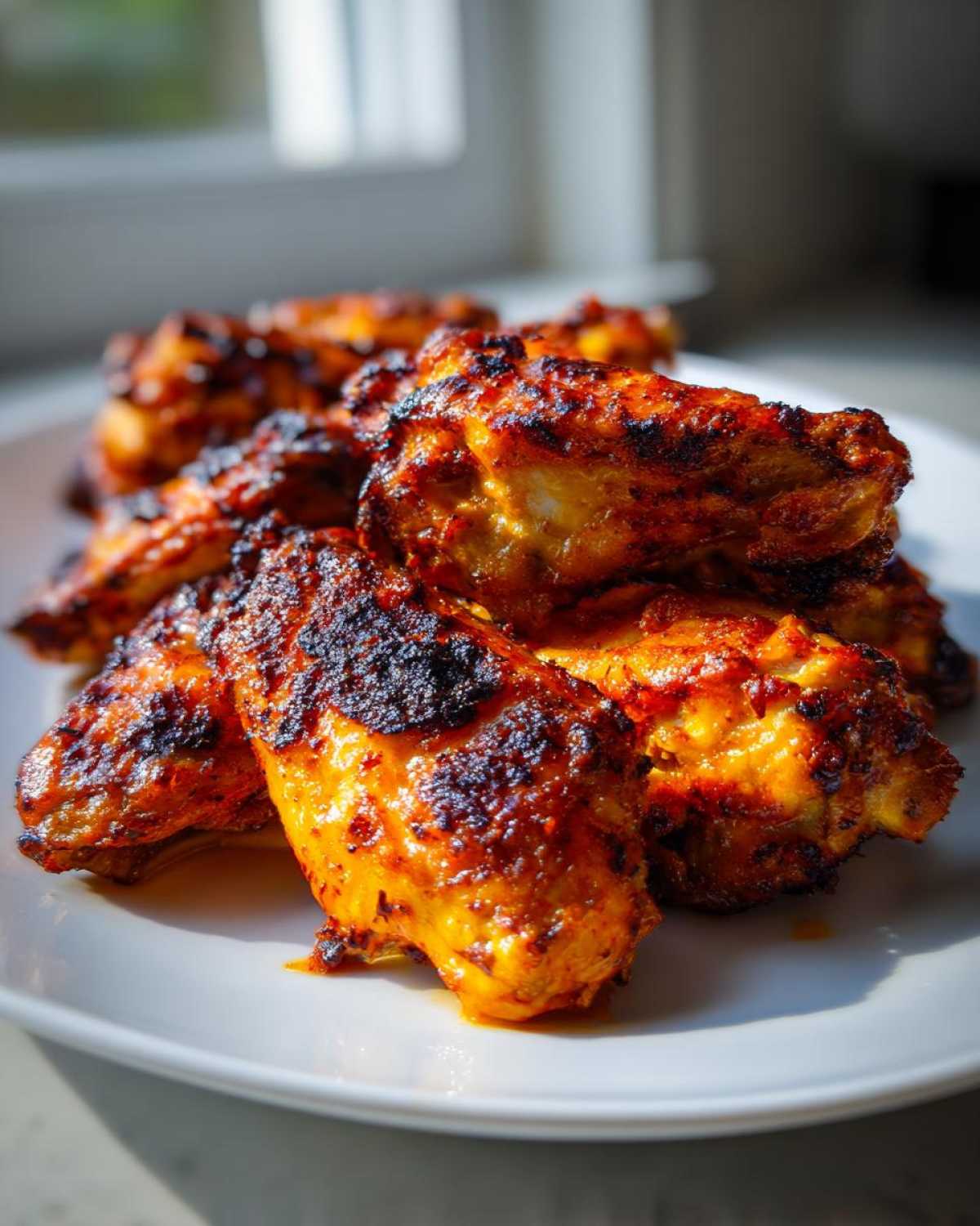 Close-up of perfectly cooked, crispy buffalo wings recipe piled high on a white plate, showing charred edges.